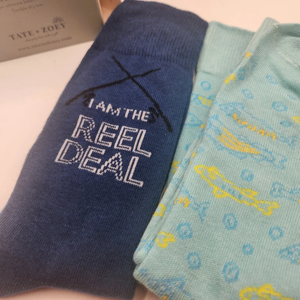 Tate + Zoey 2 Pair Fishing Socks Mens One Size I Am The Reel Deal Blue Cotton